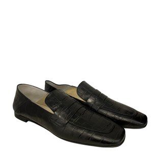 Andrea Carrano Croc Embossed Leather Square Toe Loafers Black NWB